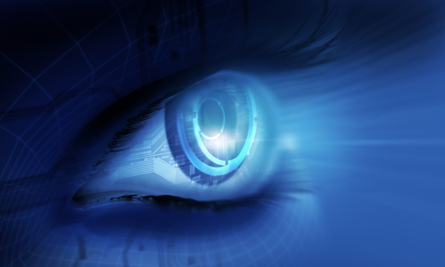 Rendering of a human eye with digital elements intermixed.