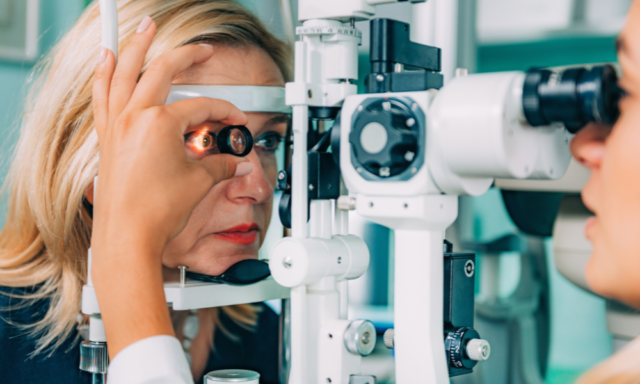 Woman undergoing an eye exam at the optometrist.