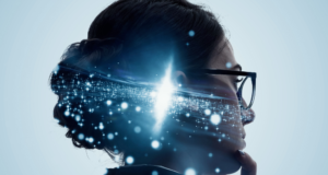 What Did Experts Say About AI at Vision Expo West 2024? Profile of a woman with glasses and a digital overlay to represent AI technology