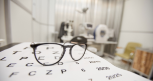 What Are Top Patient Concerns Regarding Eye Health Right Now? a pair of glasses sits on top of an eye chart in an exam room