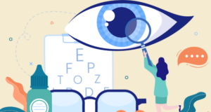 Latest Eye Health Misinformation on Social Media: What ODs Should Know illustration of a person looking at an eye with a magnifying glass