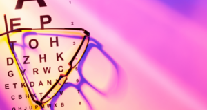 2024 in Focus: The Biggest Stories That Shaped Optometry glasses on top of an eye chart with pink light shining