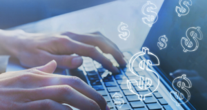 How E-Commerce Platforms Like Bausch + Lomb’s Opal Are Empowering Private Practice Optometrists hands typing on a laptop with graphics of dollar signs floating around