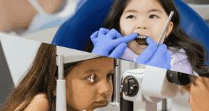 What Dentistry Gets Right About Pediatric Care — And Optometry Doesn’t split screen: one image of a child at a dental exam, one of a child at an eye exam
