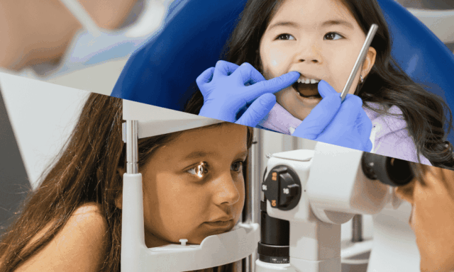split screen: one image of a child at a dental exam, one of a child at an eye exam