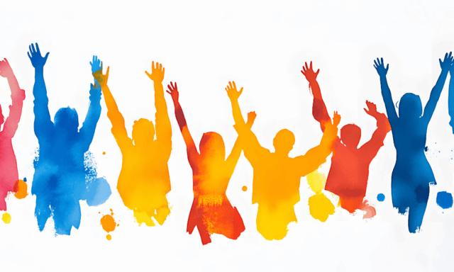 Watercolor rendering of cheering group of people