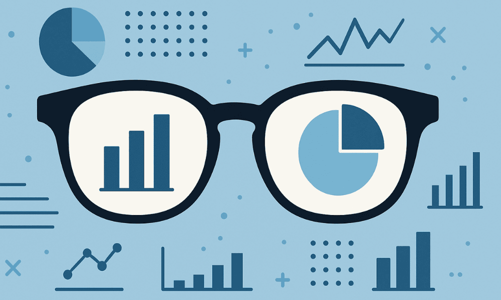 graphics of a pair of glasses with charts and graphs in the lenses and in the background